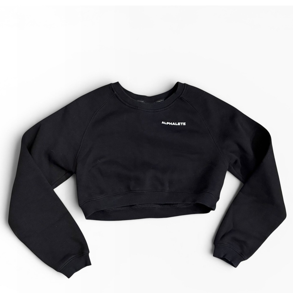 Alphalete Black Cropped Oversized Crew Neck Sweatshirt Logo Pullover Size Small